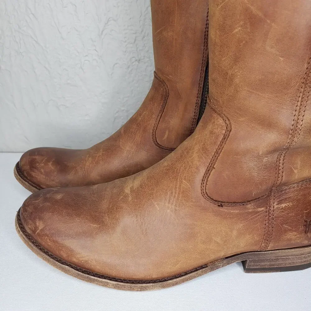 Frye Melissa Size 7B Button Inside Zip Tall Leather Boots Cognac Distressed